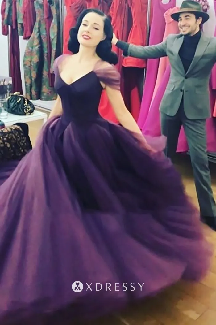 Dita Von Teese purple tulle ball gown with cap sleeves and V neckline Dita Von Teese purple tulle ball gown with cap sleeves and V neckline