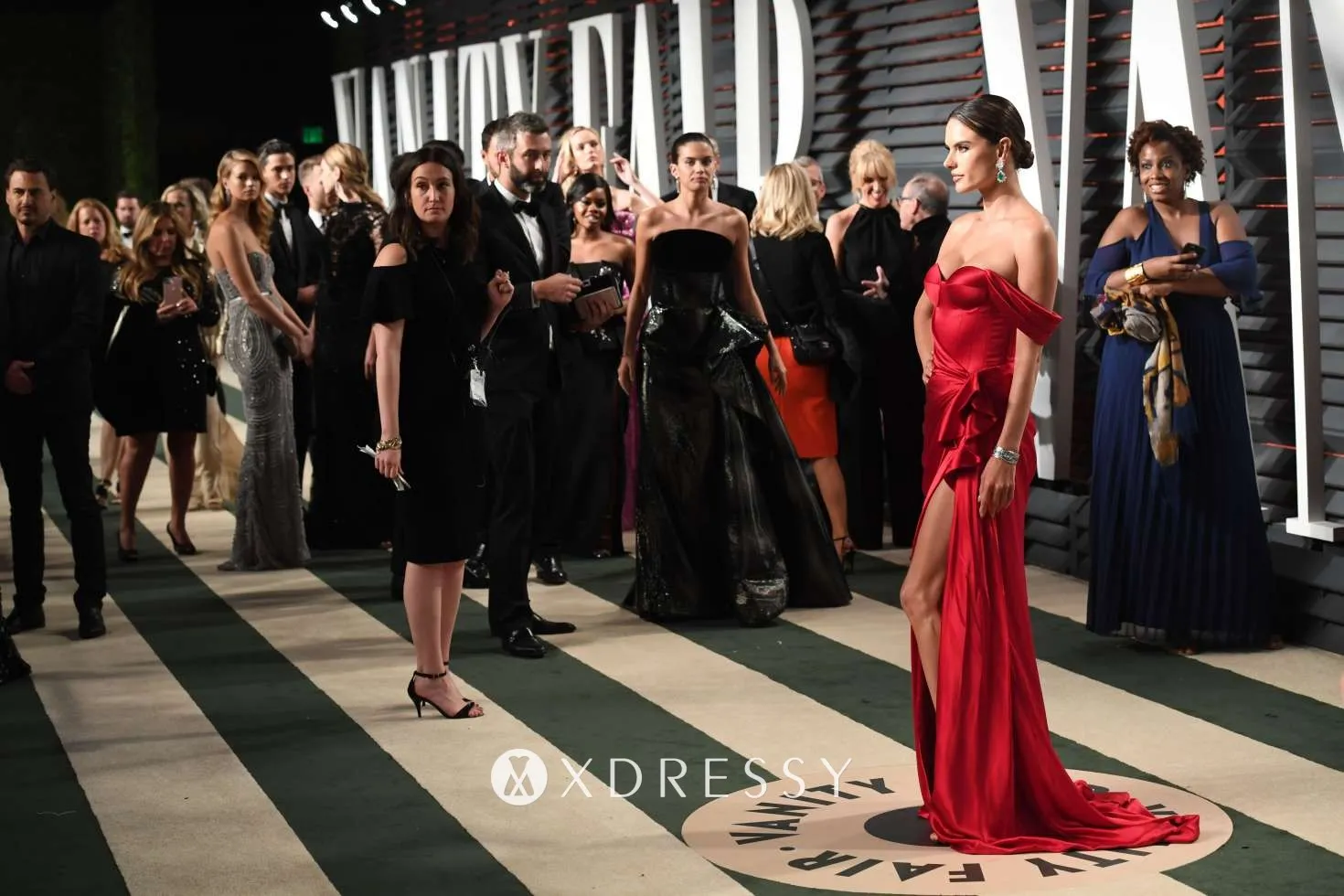Alessandra Ambrosio scarlet satin sweetheart single strap slit prom dress