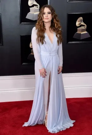 Taylor Spreitler in a sexy sheer lavender chiffon evening dress at the 60th Annual Grammy Awards 2018 red carpet