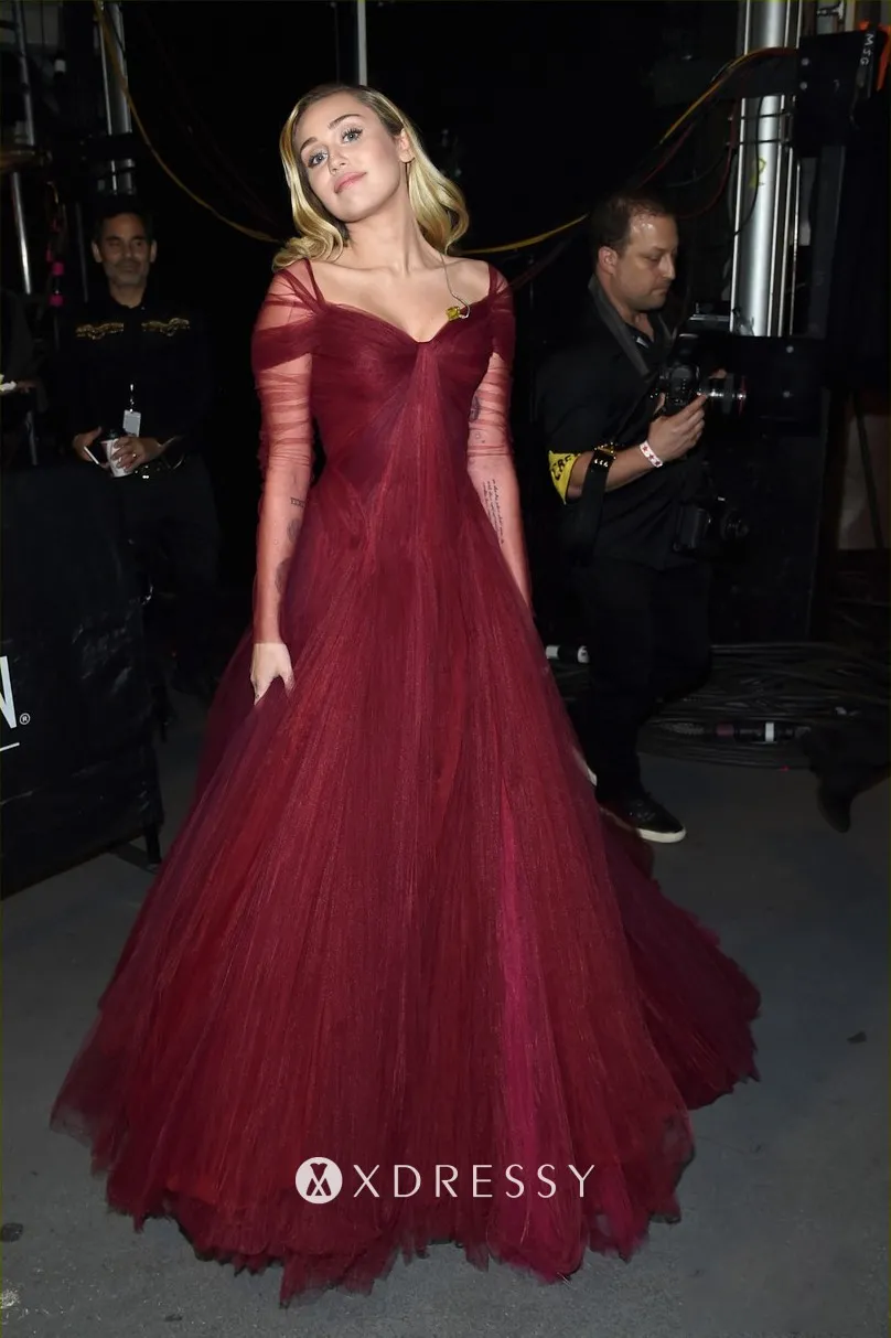 Pleated wine tulle long sleeve prom dress