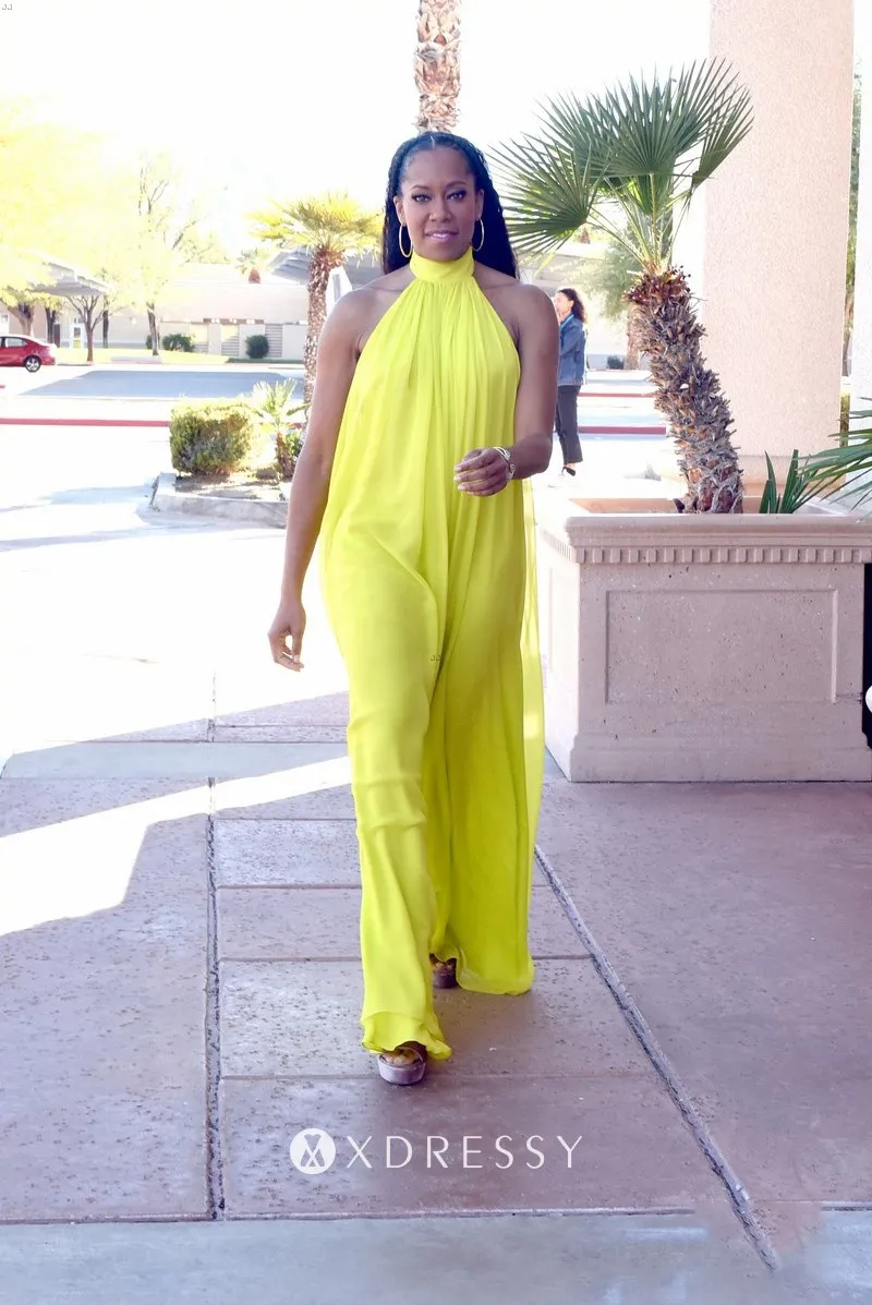 Regina King lemon yellow chiffon high neck long prom gown Regina King lemon yellow chiffon high neck long prom gown
