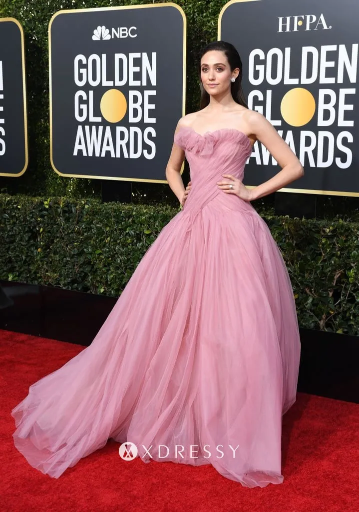 Strapless ruffled pink tulle floor length celebrity puffy prom gown Strapless ruffled pink tulle floor length celebrity puffy prom gown