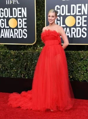 Lili Reinhart in a red strapless long gown at the 2019 Golden Globes