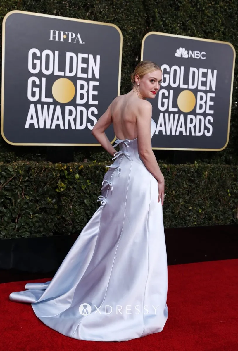 Dakota Fanning silver satin low back red carpet prom dress Golden Globes 2019