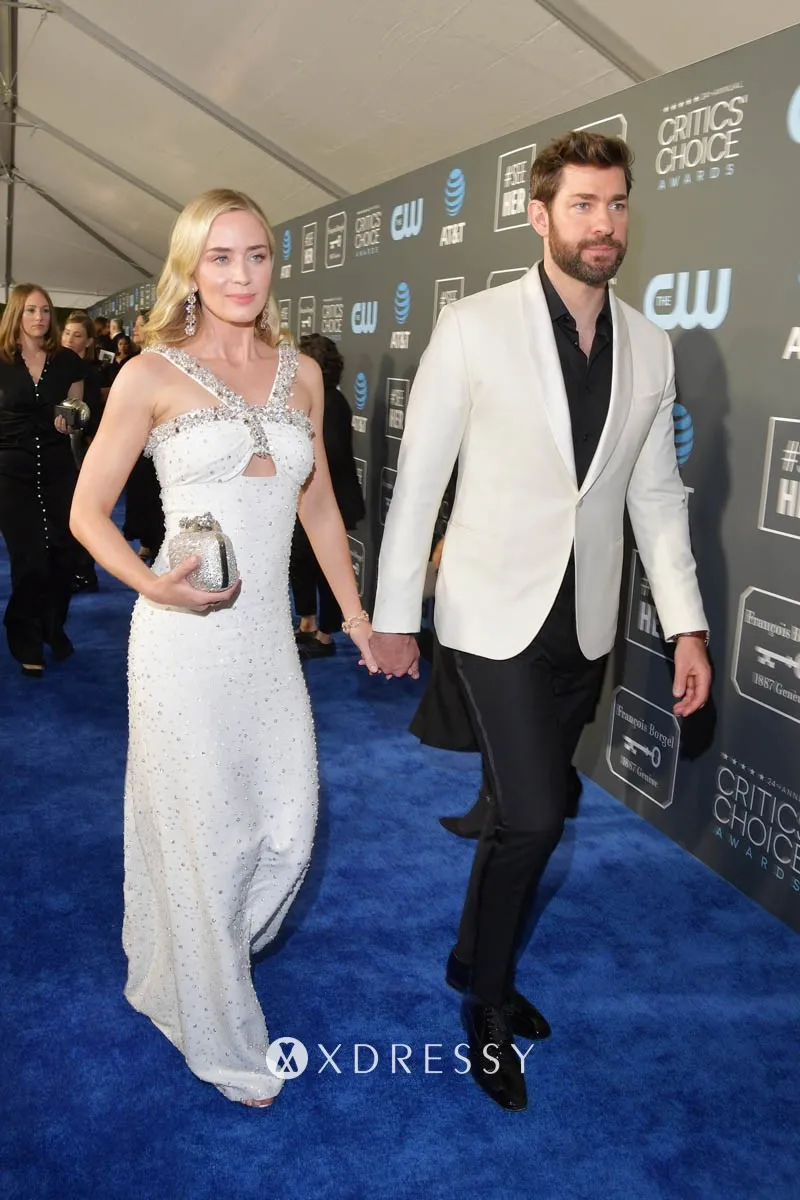 Emily Blunt beaded wide straps white celebrity prom dress