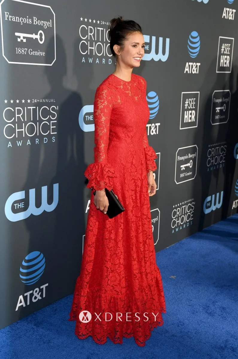 Nina Dobrev red lace crew neckline long sleeve A line dress Nina Dobrev red lace crew neckline long sleeve A line dress