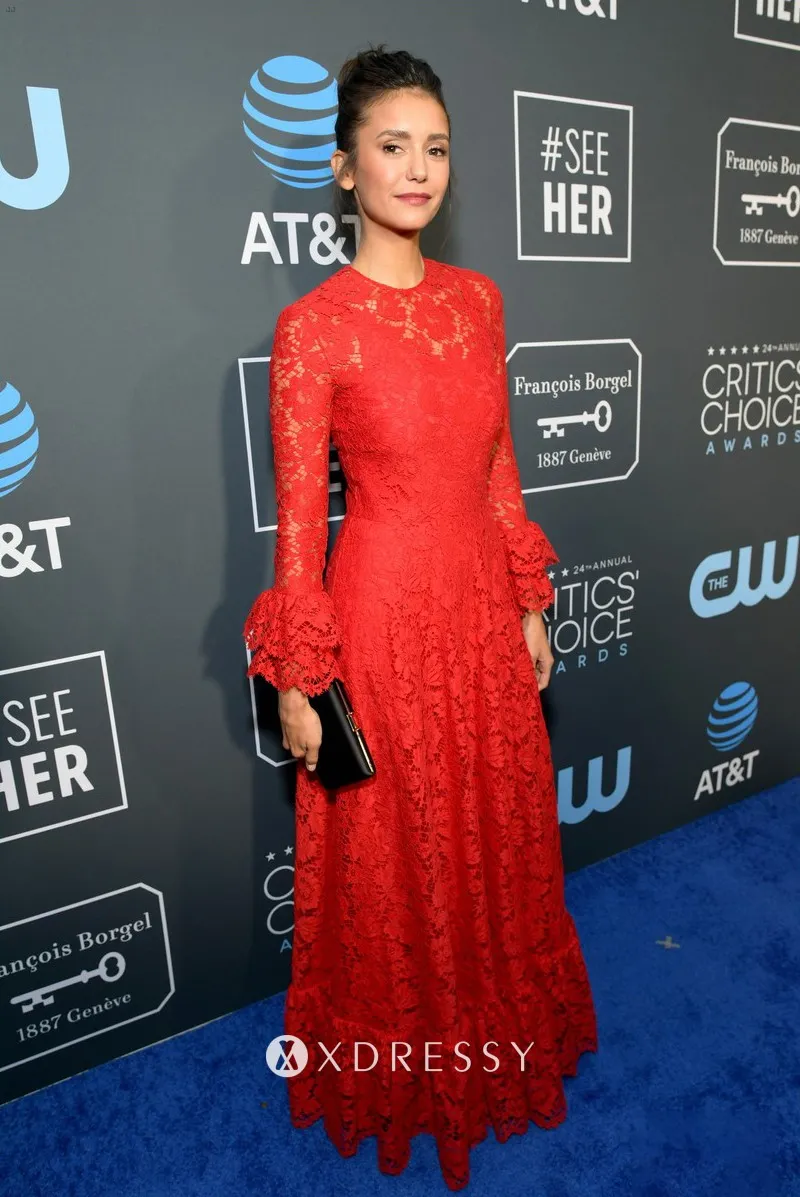 Nina Dobrev red lace long bell sleeve celebrity formal dress Nina Dobrev red lace long bell sleeve celebrity formal dress