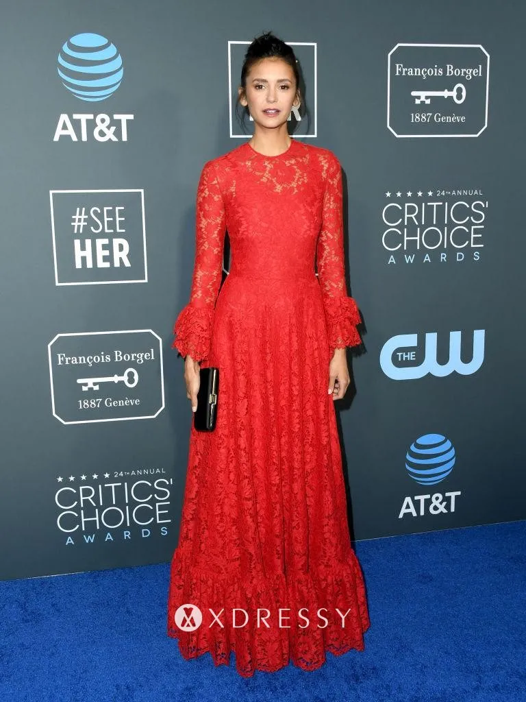 Nina Dobrev red lace long sleeve dress Critics Choice Awards red carpet 2019 Nina Dobrev red lace long sleeve dress Critics Choice Awards red carpet 2019