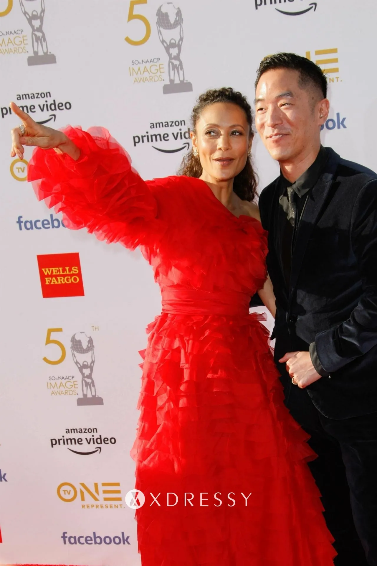 Thandie Newton one sleeve tiered red prom dress Thandie Newton one sleeve tiered red prom dress