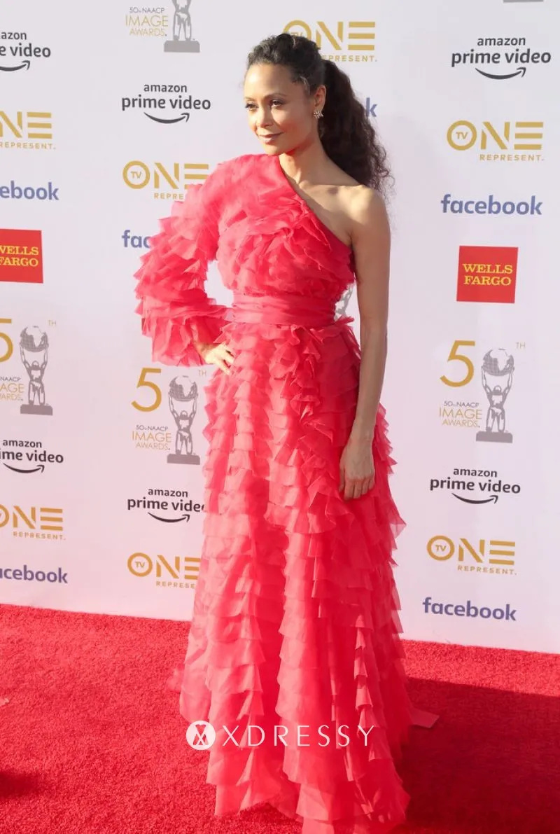 Thandie Newton tiered one shoulder priness red carpet gown with one sleeve Thandie Newton tiered one shoulder priness red carpet gown with one sleeve