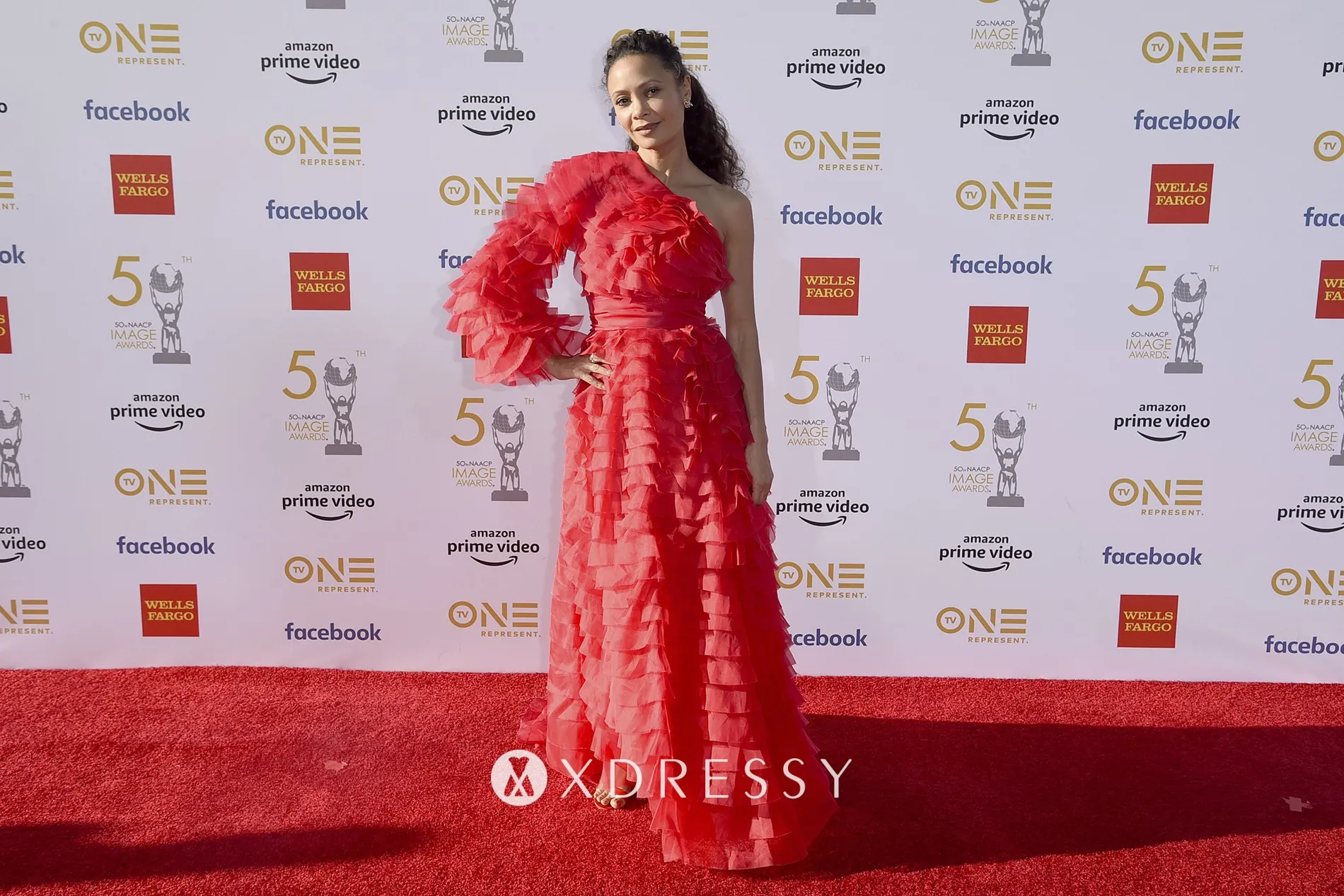 Thandie Newton tiered one sleeve princess red carpet gown at 2019 NAACP Image Awards Thandie Newton tiered one sleeve princess red carpet gown at 2019 NAACP Image Awards