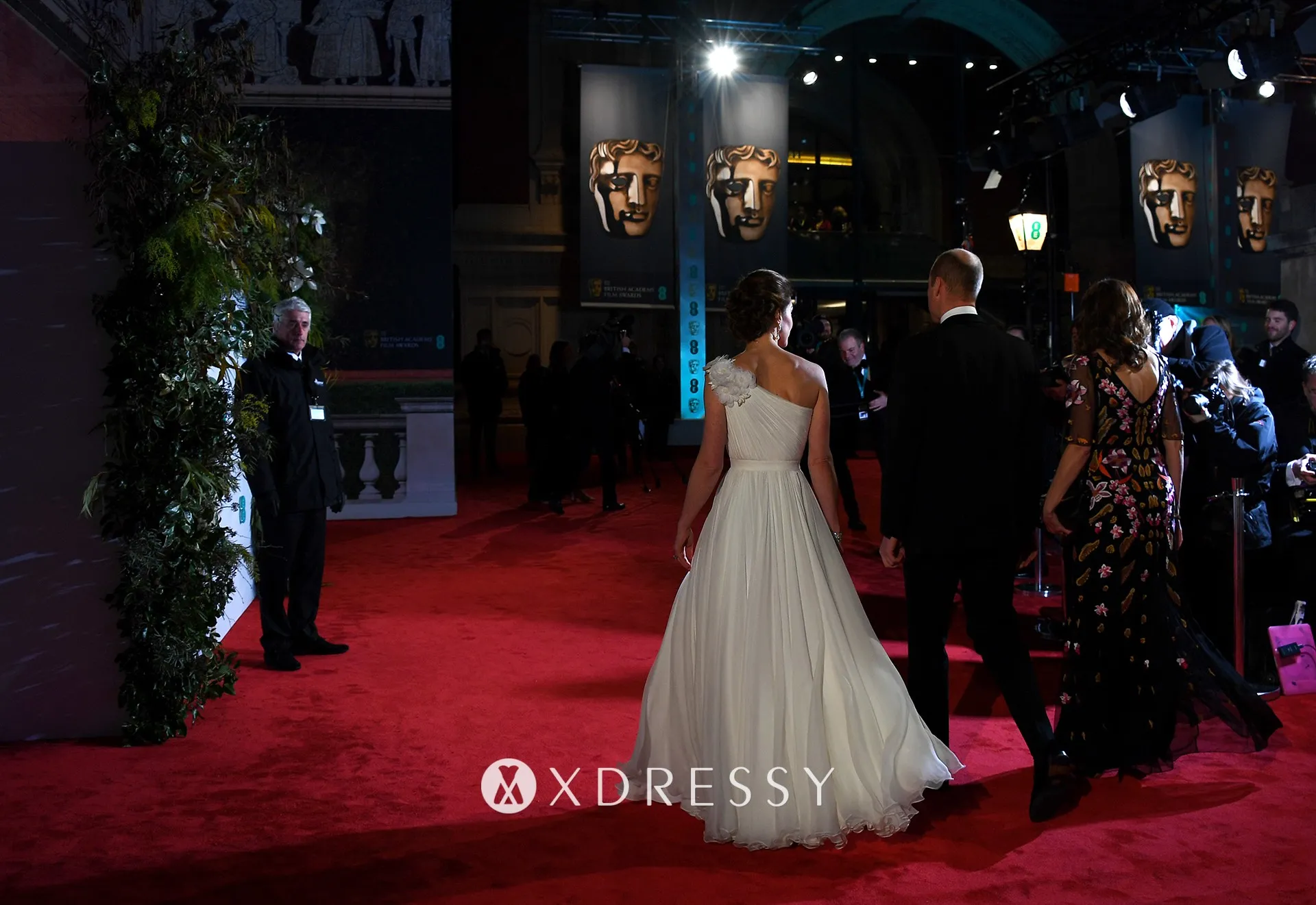 Kate Middleton white flowers one shoulder long red carpet dress at 2019 EE British Academy Film Awards