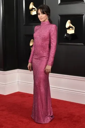 Camila Cabello magenta sequin high neck long sleeve fit and flare long dress