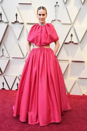 Sarah Paulson hot pink cut out prom dress at Oscars 2019 red carpet