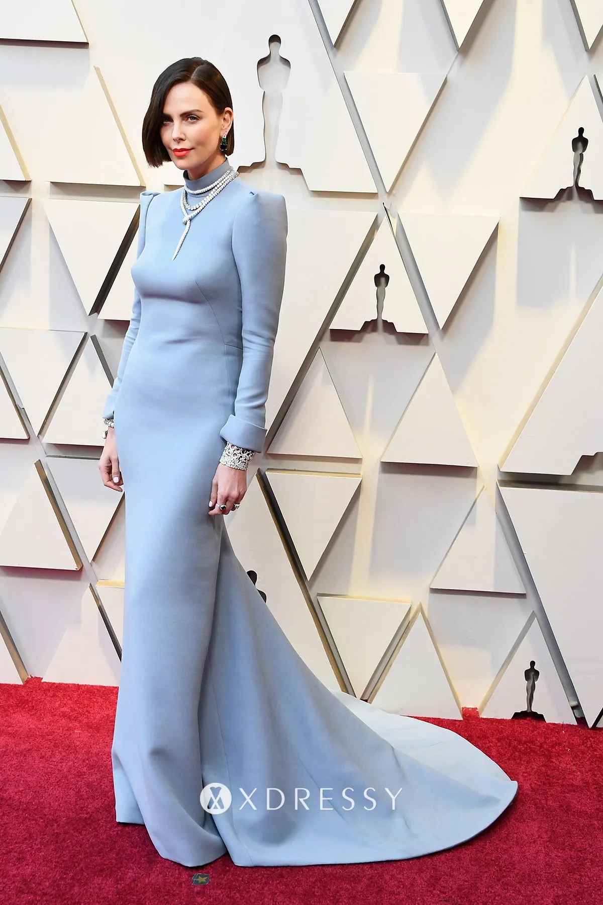 Charlize Theron high neck long sleeve mermaid mother of the bride dress
