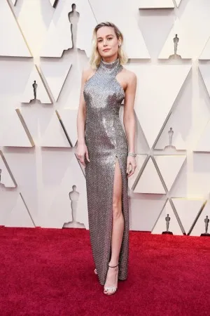 Brie Larson stunning silver sequin halter red carpet dress 2019 Oscars
