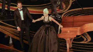 Lady Gaga in a black cut out ball gown at 2019 Oscars performance