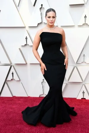 Ashley Graham asymmetrical black mermaid dress on 2019 Oscars red carpet