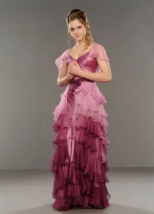 Hermione Granger Yule pink ruffled V neck short sleeve celebrity cute long party dress in Harry Potter