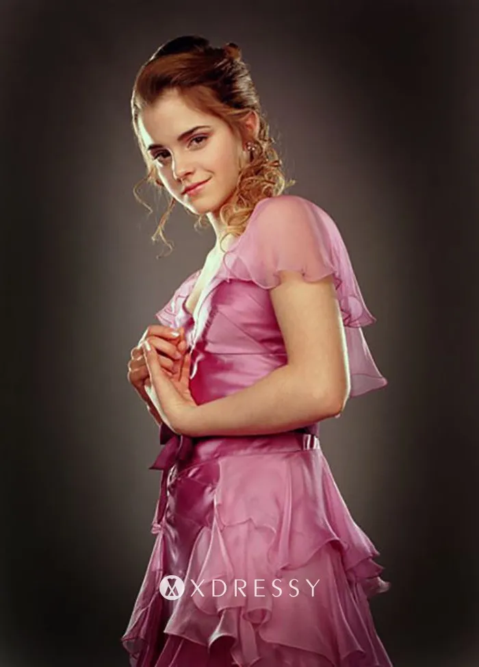 Hermione Granger Yule pink ruffled V neck short sleeve celebrity cute long party dress Hermione Granger Yule pink ruffled V neck short sleeve celebrity cute long party dress