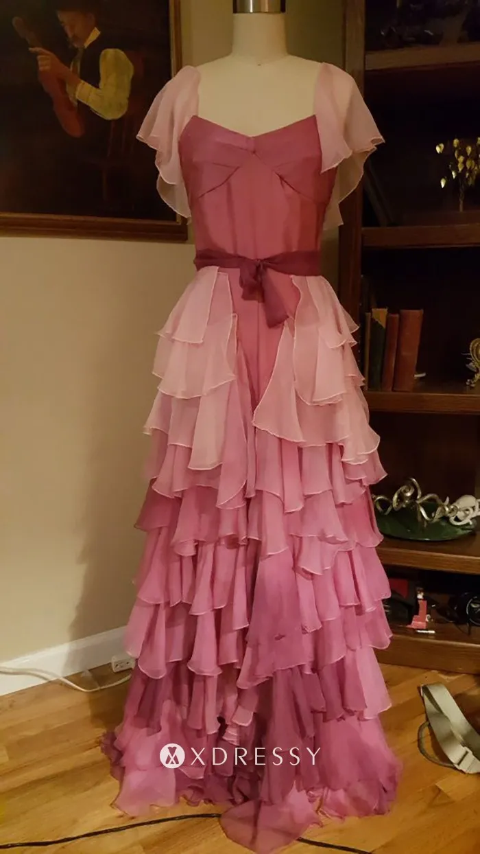 pink ruffled V neck short sleeve celebrity cute long party dress pink ruffled V neck short sleeve celebrity cute long party dress