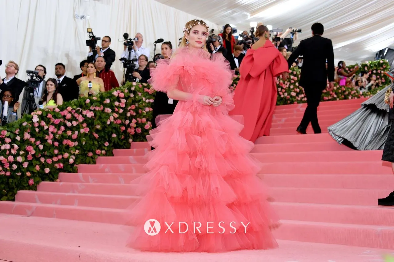 Emma Roberts pink tulle long dress Met Gala 2019 red carpet Emma Roberts pink tulle long dress Met Gala 2019 red carpet