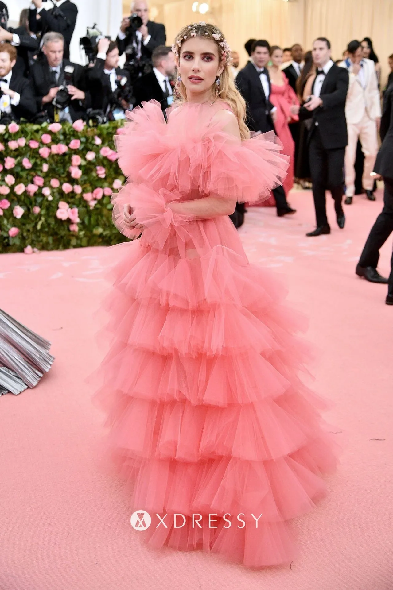 ruffled tiered pink tulle long celebrity prom dress with long sleeves ruffled tiered pink tulle long celebrity prom dress with long sleeves