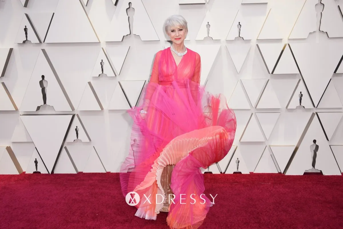 Helen Mirren pink tulle celebrity A line long formal dress with long sleeves at Oscar 2019 red carpet Helen Mirren pink tulle celebrity A line long formal dress with long sleeves at Oscar 2019 red carpet