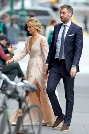 Jennifer Lawrence nude A line long sleeve engagement dress 2019