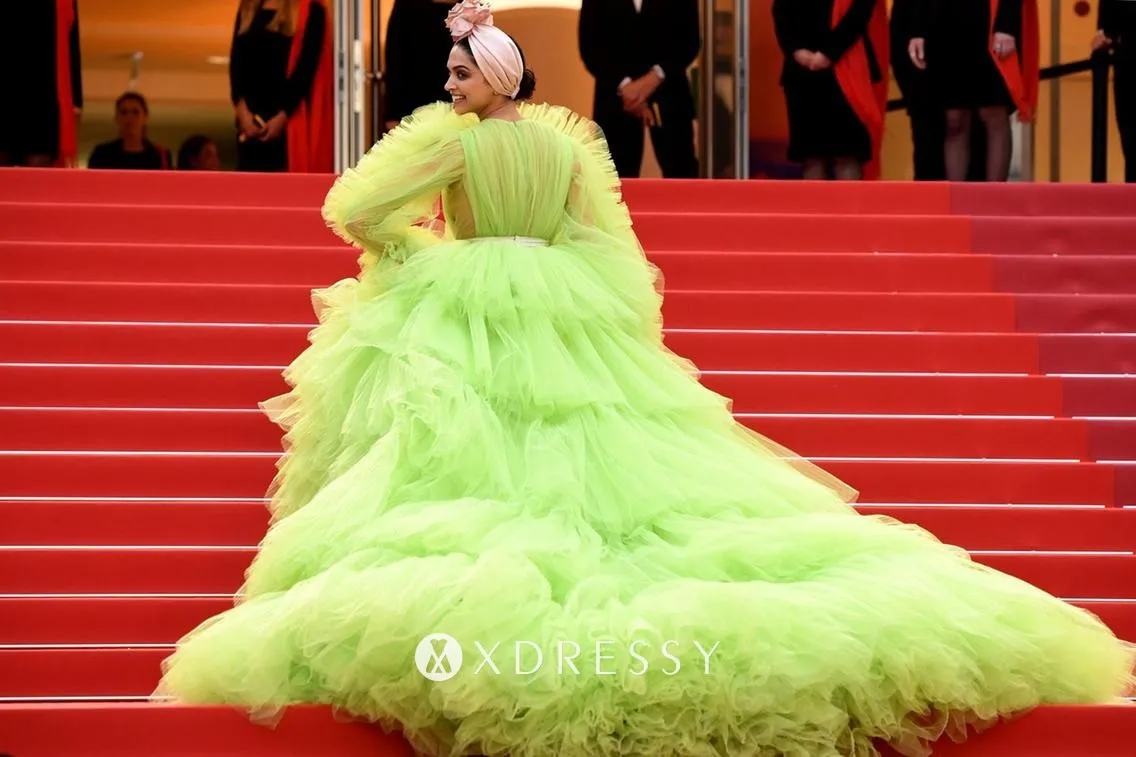 voluminous ruffled lime green tulle celebrity prom dress with long train voluminous ruffled lime green tulle celebrity prom dress with long train