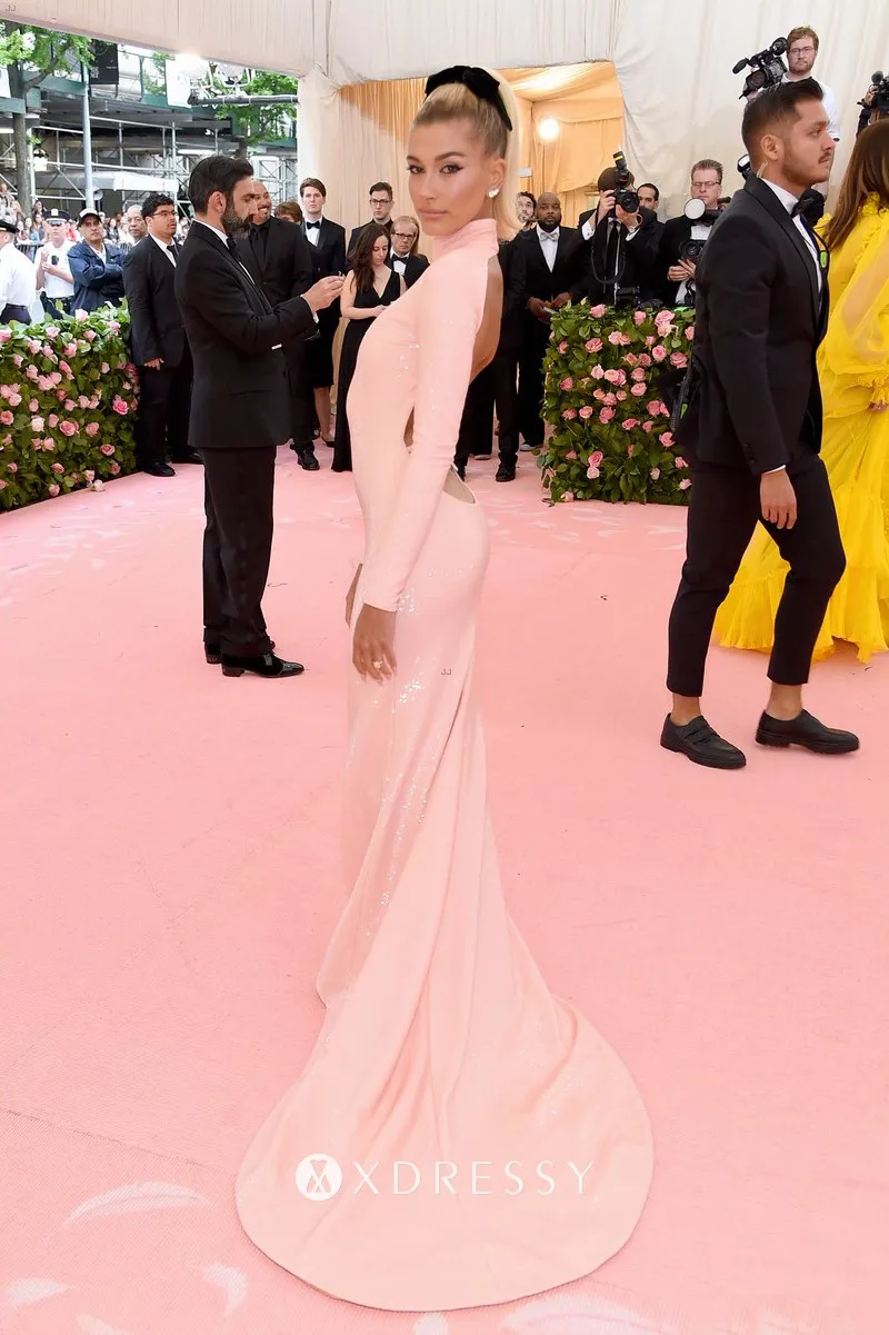High neckline long sleeve blushing pink long celebrity dress High neckline long sleeve blushing pink long celebrity dress