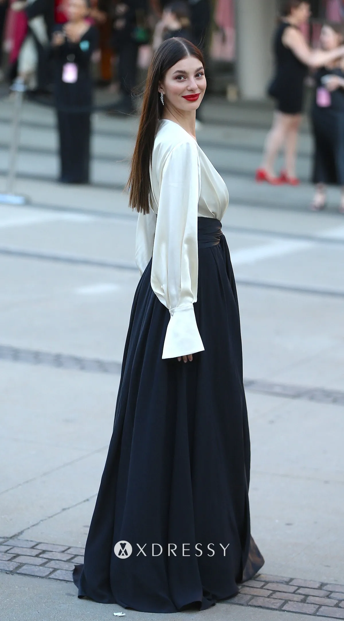 black and ivory long sleeve high slit two tone formal dress