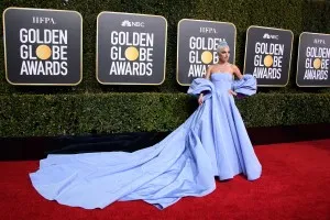 Lady Gaga lavender taffeta long train balloon sleeve dress at Golden Globe Awards 2019 red carpet