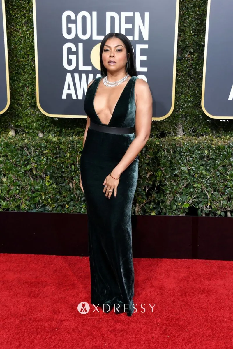 Taraji P Henson dark green velvet form fitting sheath formal gown Golden Globes 2019