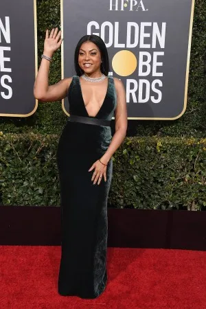 Taraji P Henson dark green velvet plunging V neckline form fitting sheath formal gown Golden Globes 2019 red carpet