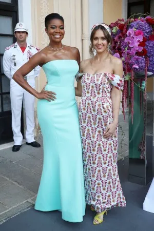 Gabrielle Union simple aqua satin strapless celebrity fit and flare long formal dress