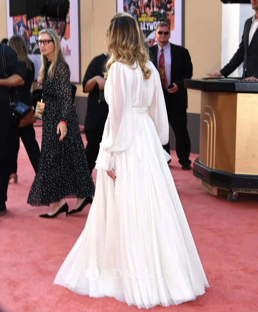 ivory chiffon A line long evening formal dress with a deep V neckline and blouson sleeves