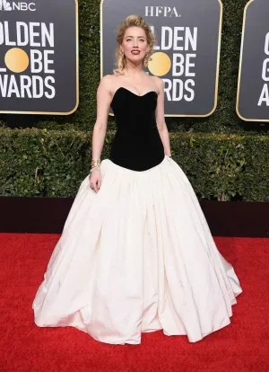 Amber Heard black and ivory strapless ball gown dress with dropped basque waist 2019 Golden Globe Awards