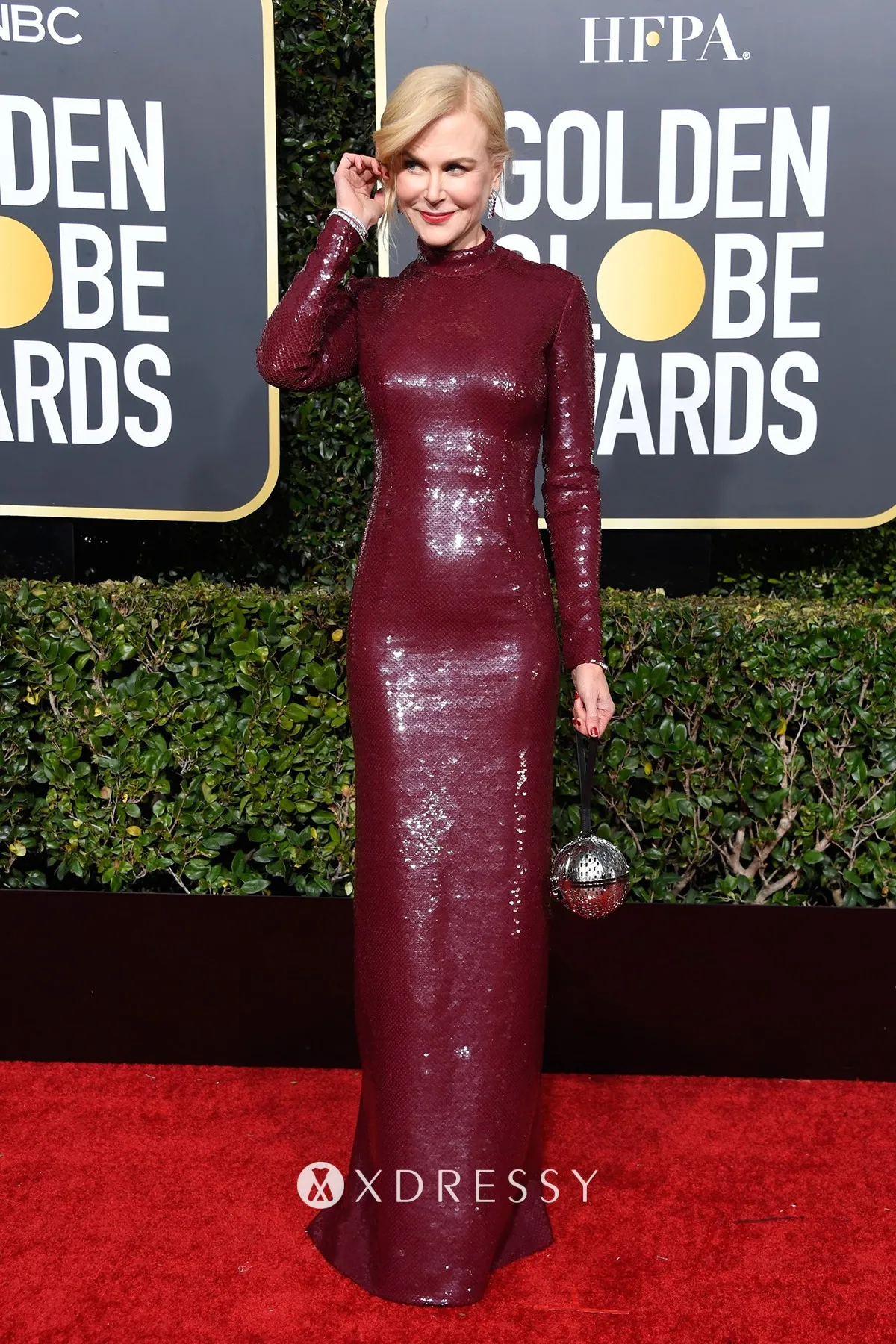 Nicole Kidman burgundy sequin high neck formal gown with long sleeves 2019 Golden Globes red carpet