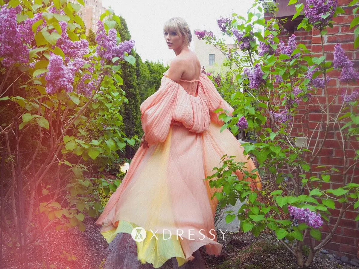 Taylor Swift pleated pink and yellow chiffon two tones A line long cute prom dress with separate puffy sleeves Taylor Swift pleated pink and yellow chiffon two tones A line long cute prom dress with separate puffy sleeves