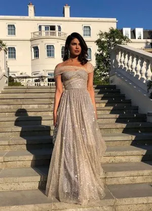 off-shoulder ball gown | Indian wedding gowns, Gown party wear, Gown dress  party wear