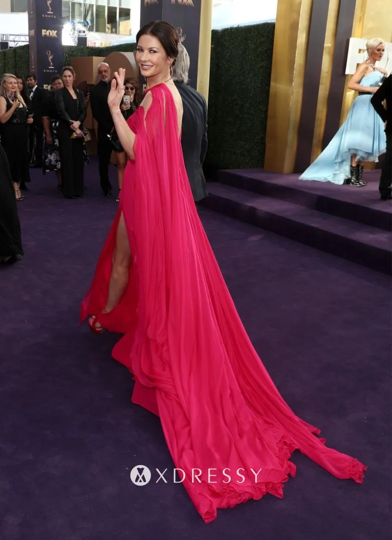 hot pink chiffon caped celebrity dress with an illusion panel