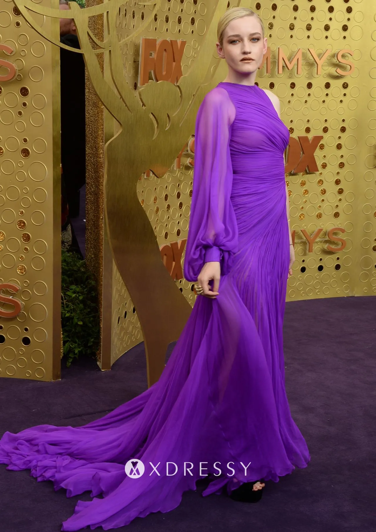 Julia Garner asymmetrical pleated regency sheer chiffon dress Julia Garner asymmetrical pleated regency sheer chiffon dress