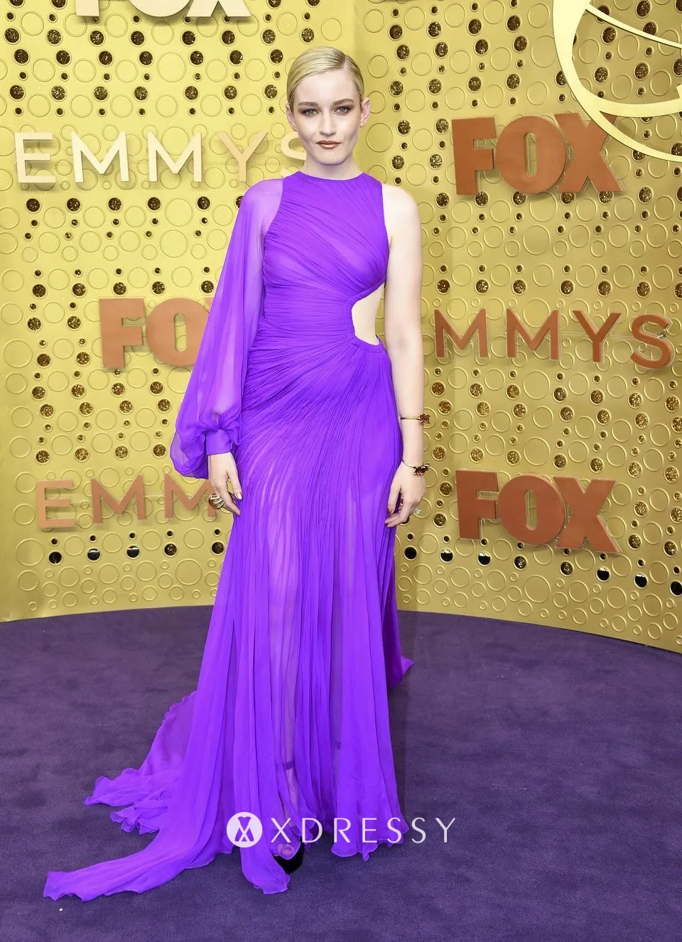 Julia Garner pleated regency sheer chiffon one sleeve cut out dress at the 2019 Emmy Awards Julia Garner pleated regency sheer chiffon one sleeve cut out dress at the 2019 Emmy Awards
