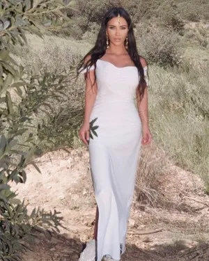 Kim Kardashian white off the shoulder column dress