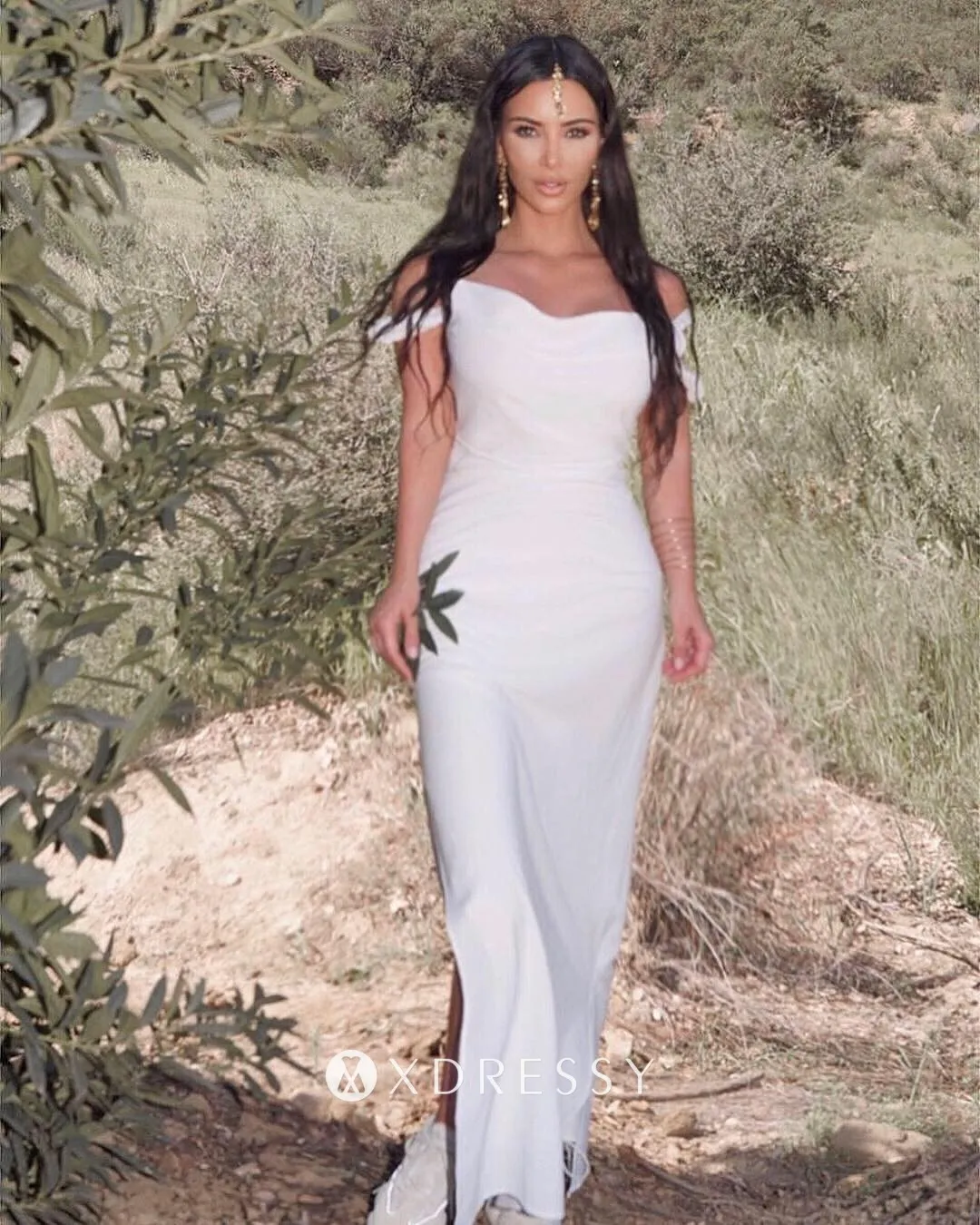 Kim Kardashian white off the shoulder column dress