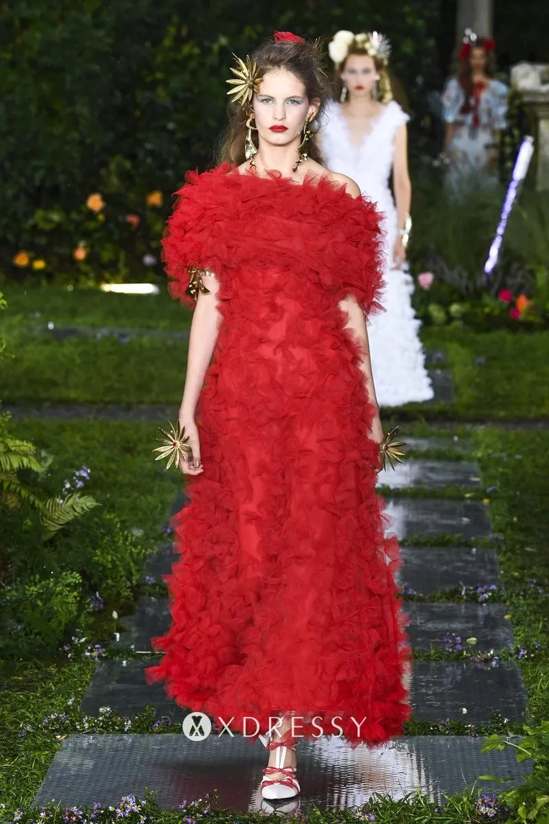 red tulle off the shoulder fashion A line long prom gown red tulle off the shoulder fashion A line long prom gown