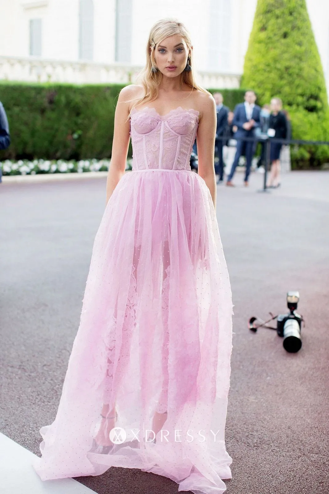 lsa Hosk lilac sheer lace and tulle evening dress with thigh high slit
