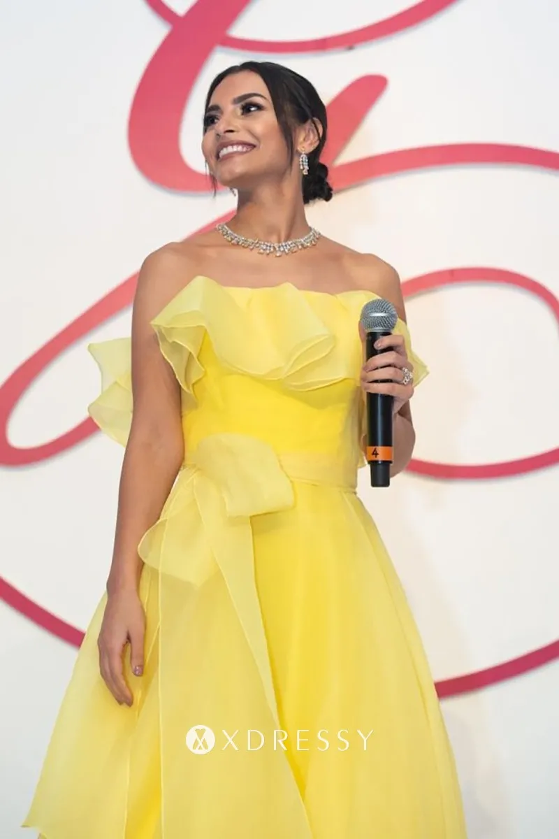 Carmen Soliman strapless ruffled yellow organza evening prom formal dress Carmen Soliman strapless ruffled yellow organza evening prom formal dress