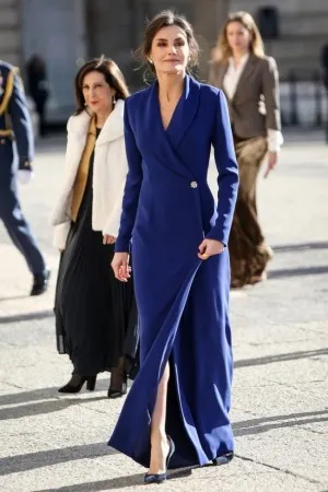Queen Letizia of Spain looked perfectly refined in a blue tuxedo formal long gown at the 2020 New Year Military Parade